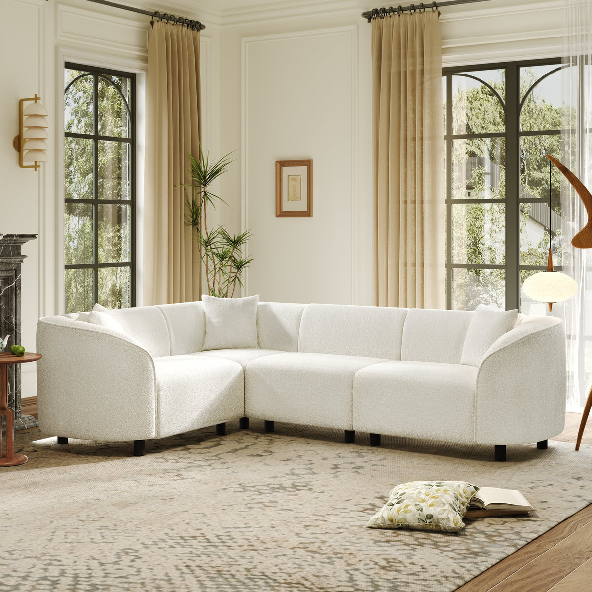 104" L-Shaped Curved Contemporary Sectional Sofa with Bouclé Upholstery - Beige HouseOfZazla