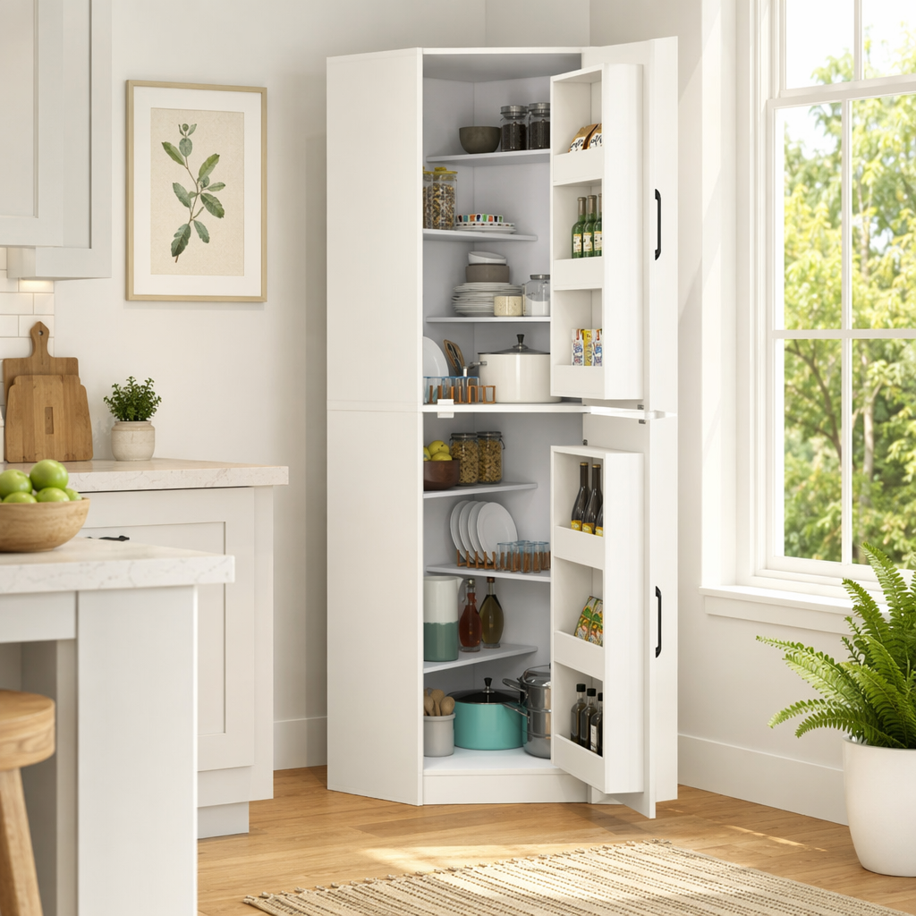 White Corner Kitchen Pantry Cabinet with Vertical Storage - White HouseOfZazla