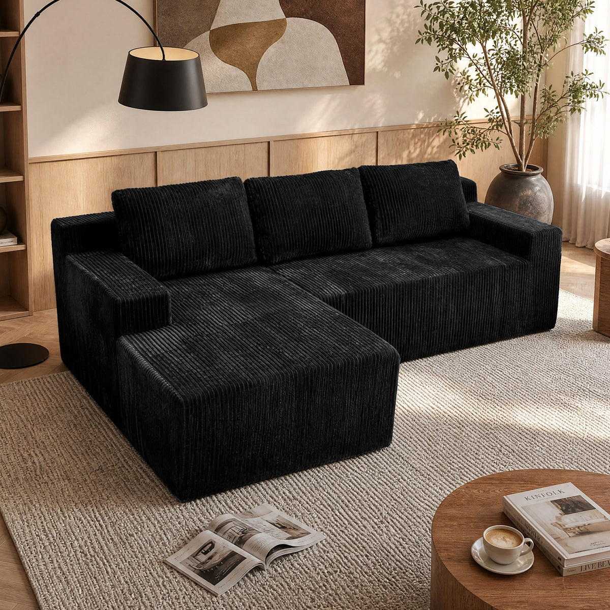 Corduroy Modular L Shaped Sectional Sofa with Plush Upholstery - Beige HouseOfZazla