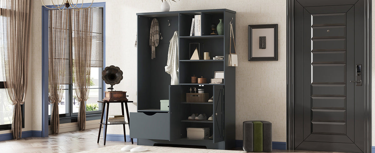 Multi-functional Hall Tree with Storage Shelves Drawers and Cabinet, Elegant Hallway Shoe Cabinet with Bench Antique Blue V.I.P Digital Presence