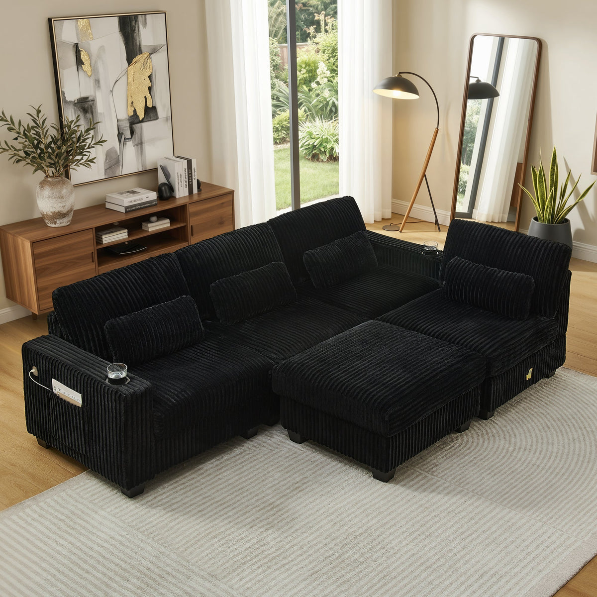 L-Shaped Corduroy Modular Sectional Sofa with Detachable Footrest - Black HouseOfZazla