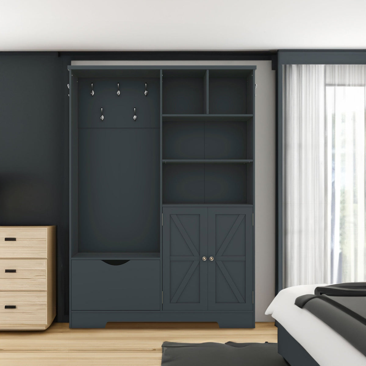 Multi-functional Hall Tree with Storage Shelves Drawers and Cabinet, Elegant Hallway Shoe Cabinet with Bench Antique Blue V.I.P Digital Presence
