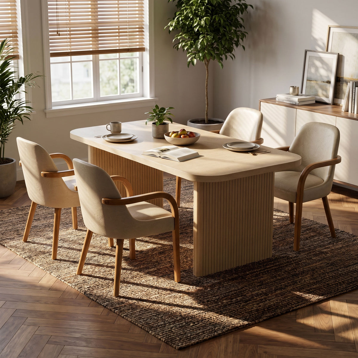 5 Piece Indoor Dining Set with Fluted Rubber Wood Table - Khaki PU Chairs HouseOfZazla