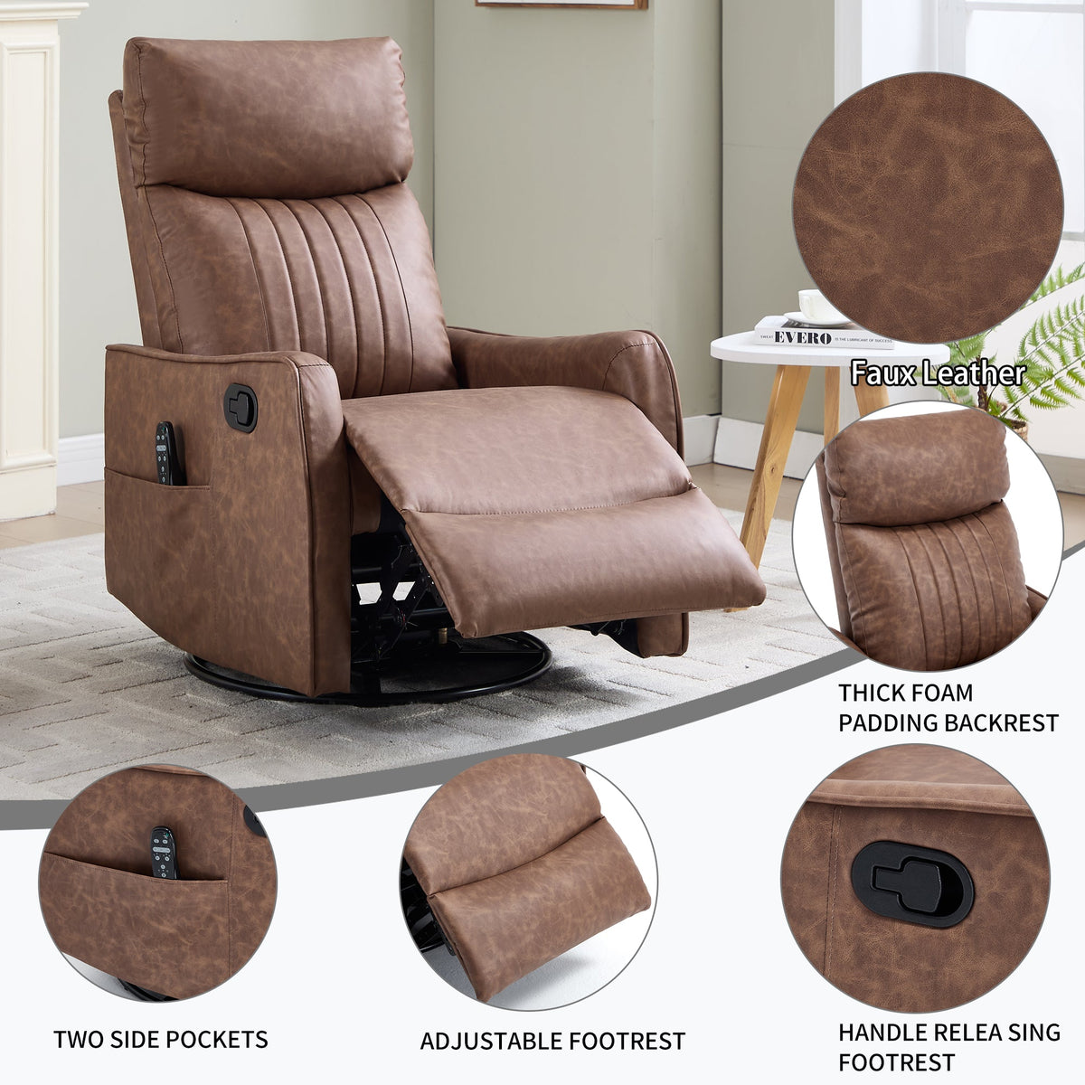 Brown Heat Massage Manual Recliner Chair with Rocker and Swivel - Brown HouseOfZazla
