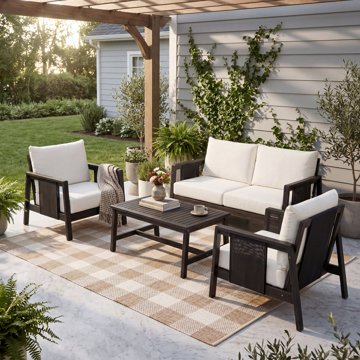 4-Piece Outdoor Sofa Set with Cushions - Acacia Wood, Waterproof Cushions, Dark Grey/White+Black HouseOfZazla