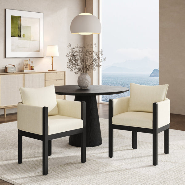 Linen Upholstered Armchair with Black Rubber Wood Legs - White