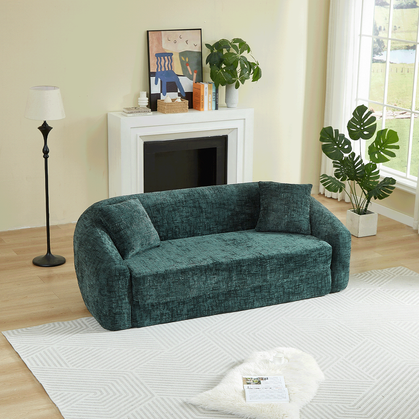 87-Inch Curved Convertible Sofa Recliner with 2-in-1 Design - Available in Beige, Grey, Green HouseOfZazla