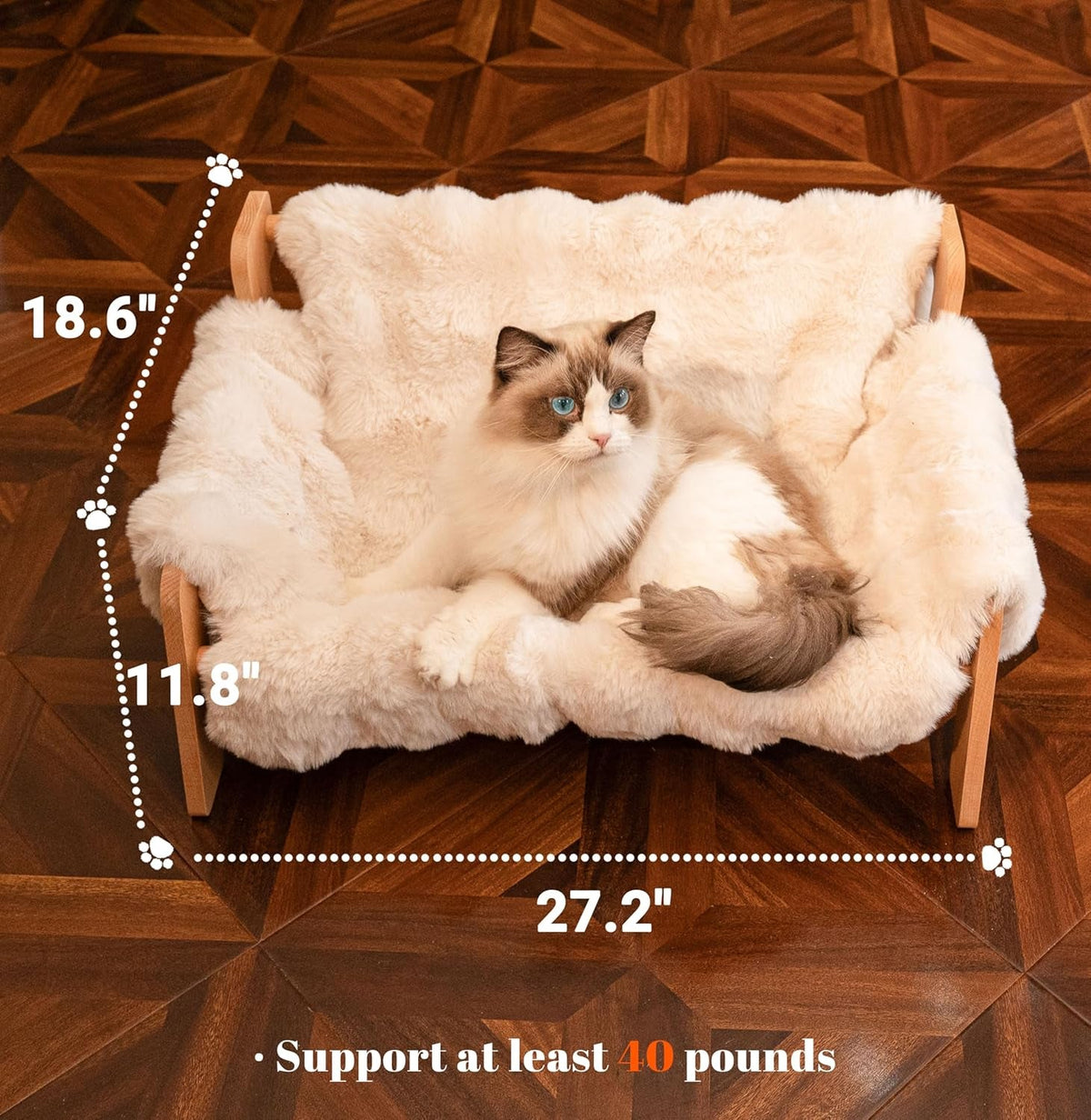 Elevated Wooden Cat Couch Bed with Washable Fluffy Cushion – 3 Colors Wags & Whiskers Pet Supply