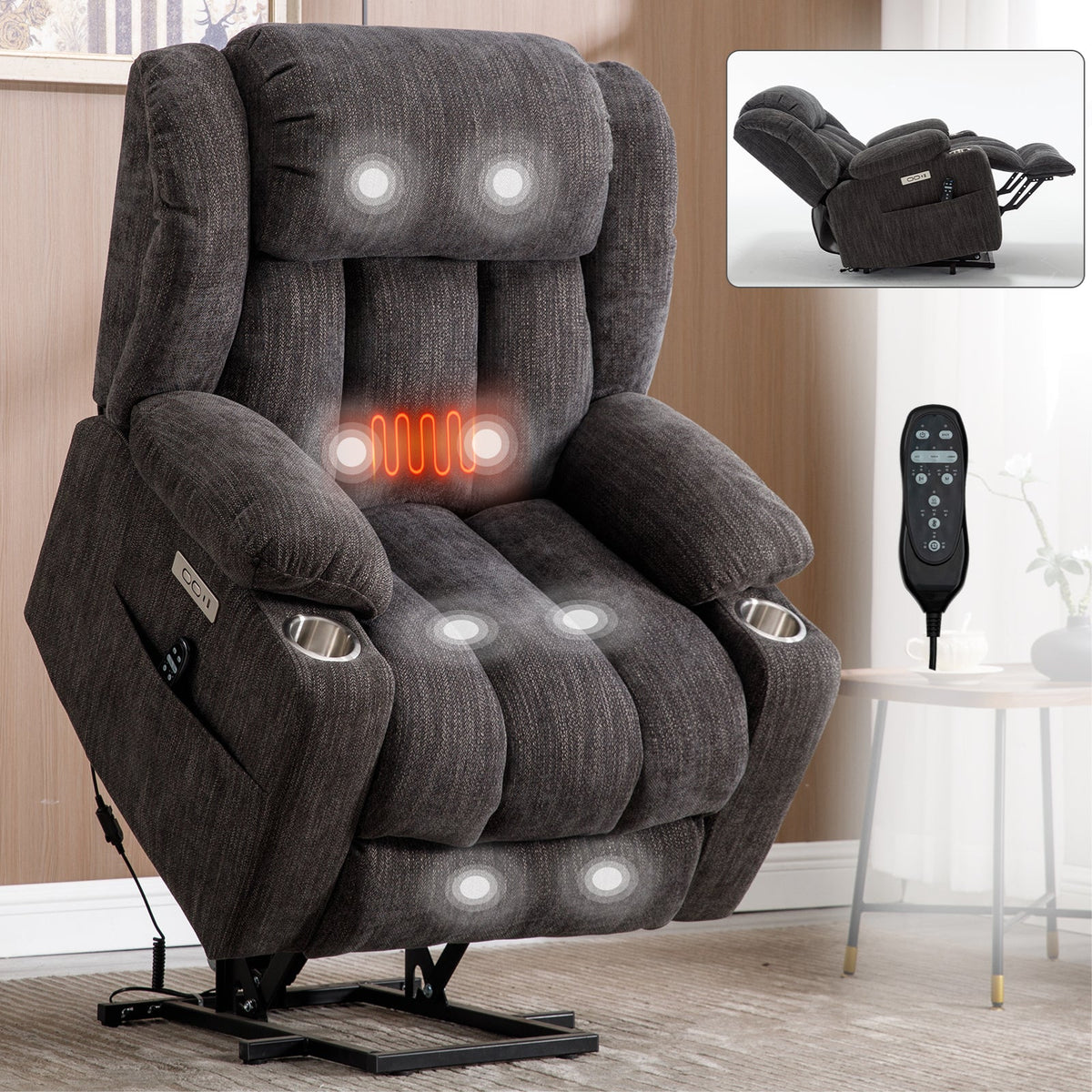 Chenille Power Lift Recliner Chair with Massage & Heating - Soft Chenille HouseOfZazla