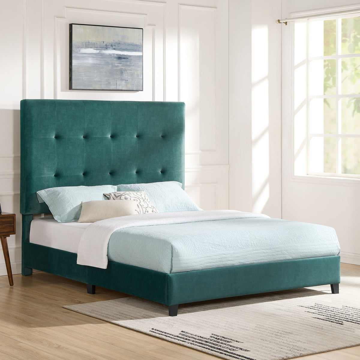 Tufted Upholstered Headboard Platform Bed with Padded Headboard - Queen, Beige or Dark Green HouseOfZazla