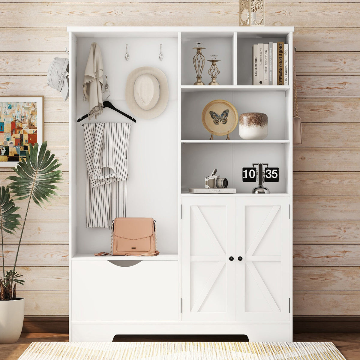 Multi-functional Hall Tree with Storage Shelves Drawers Cabinet Elegant Hallway Shoe Cabinet with Bench Modern Coat Rack White V.I.P Digital Presence