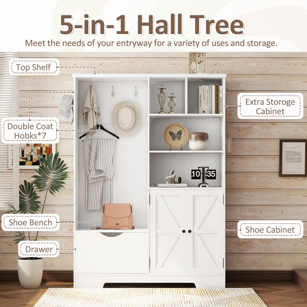 Multi-functional Hall Tree with Storage Shelves Drawers Cabinet Elegant Hallway Shoe Cabinet with Bench Modern Coat Rack White V.I.P Digital Presence