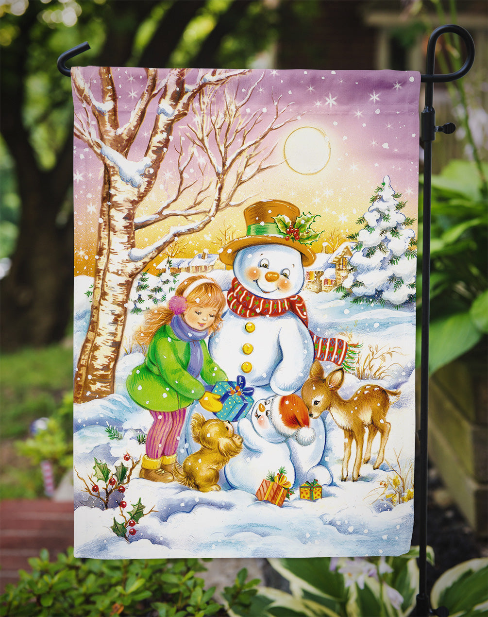 Girl and Animals with Snowman Garden Flag Mailbox Decorative Yard Banner Outside Patio Artwork for Flower Beds, Garden Size, Multicolor
