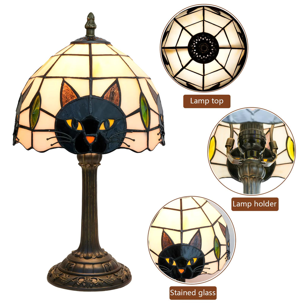 Tiffany Stained Glass Black Cat Table Lamp | Vintage Art Glass Desk Light