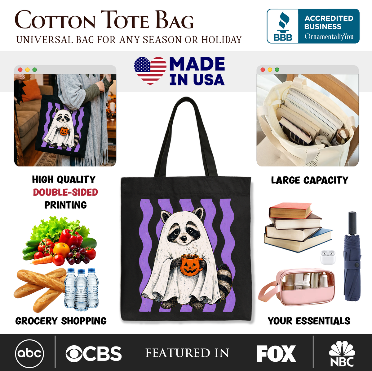 Ghost Costume Raccoon Tote Bag, Halloween Pumpkin Coffee Mug Gift Shopper OrnamentallyYou