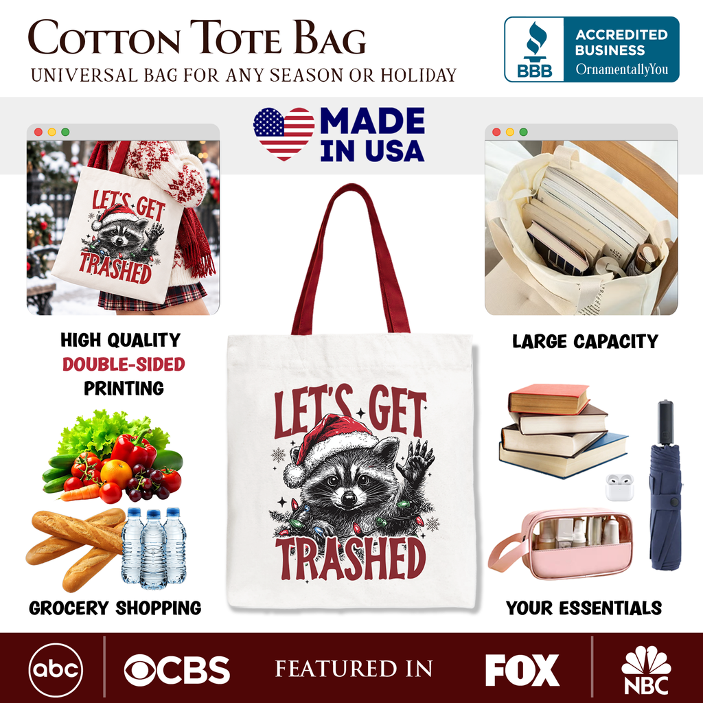 Let's Get Trashed Christmas Raccoon Tote Bag, Funny Gift Shopper Feral Women OrnamentallyYou