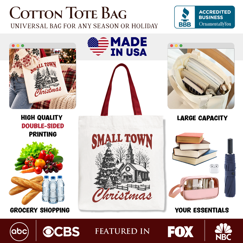 Small Town Christmas Vintage Tote Bag, Rustic Winter Church Gift Shopper OrnamentallyYou