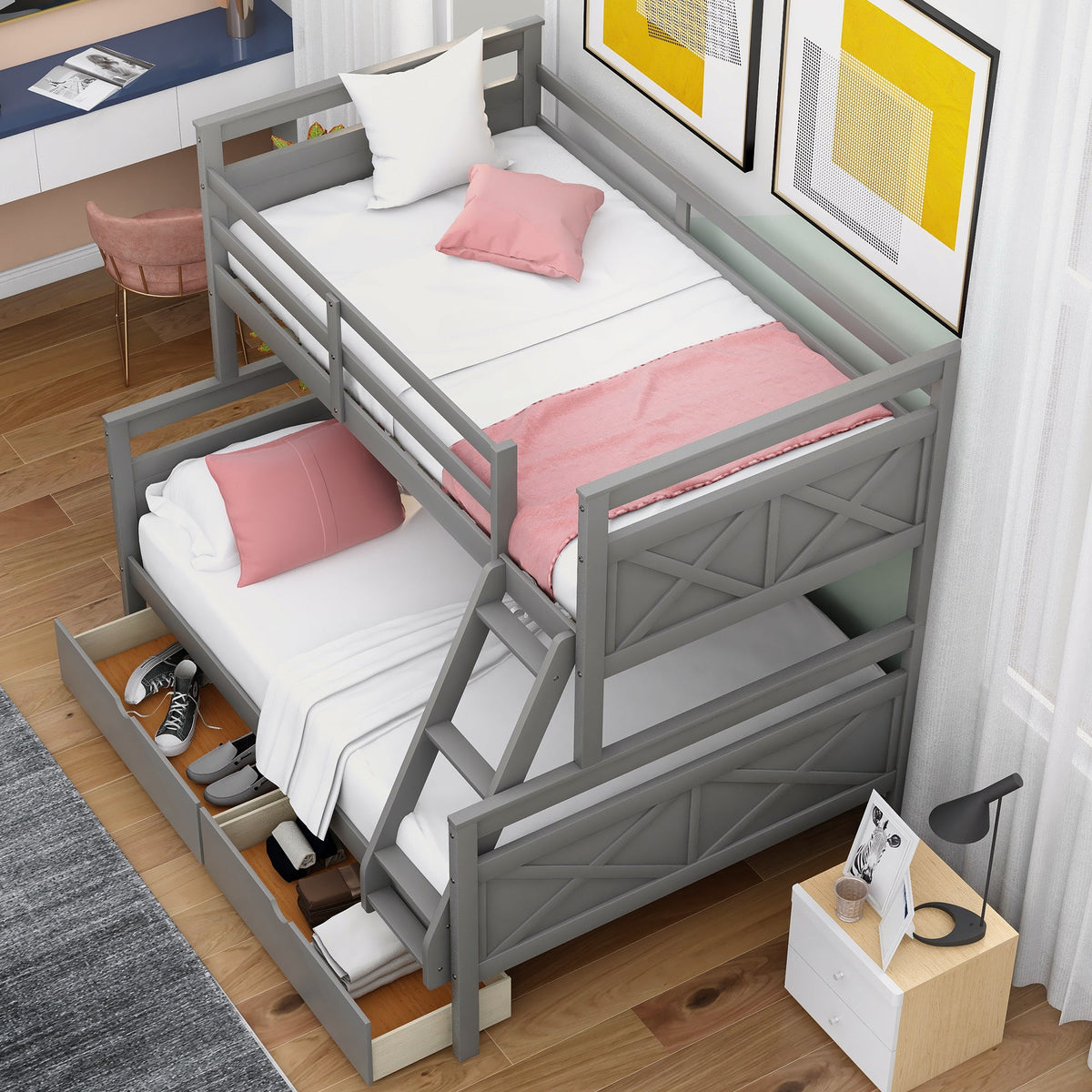 Twin over Full Bunk Bed with Ladder Two Storage Drawers  Safety Guardrail  Gray V.I.P Digital Presence