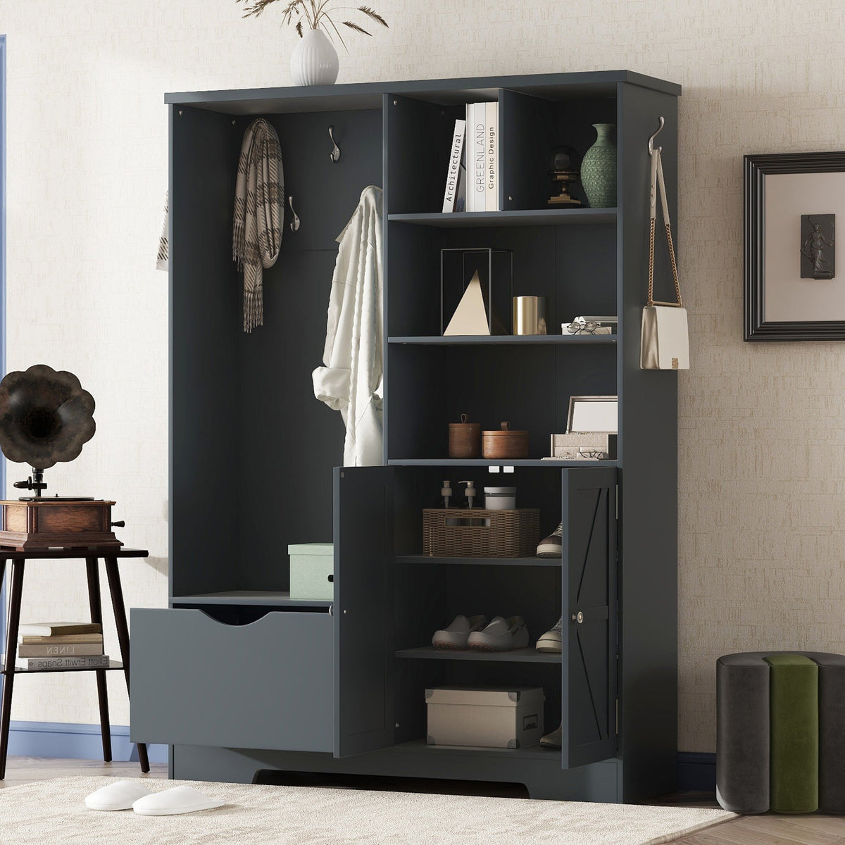 Multi-functional Hall Tree with Storage Shelves Drawers and Cabinet, Elegant Hallway Shoe Cabinet with Bench Antique Blue V.I.P Digital Presence