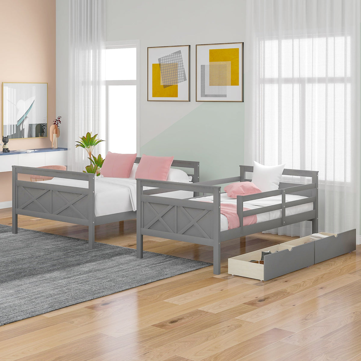 Twin over Full Bunk Bed with Ladder Two Storage Drawers  Safety Guardrail  Gray V.I.P Digital Presence