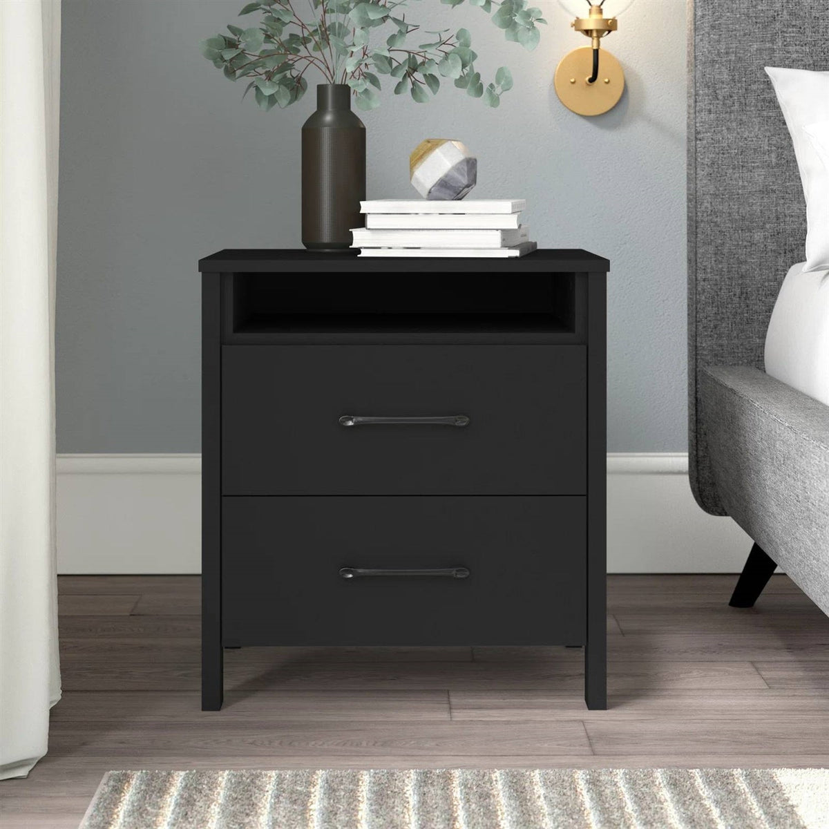 Modern 2-Drawer Nightstand Bedside Table in Black Wood Finish HomePacific
