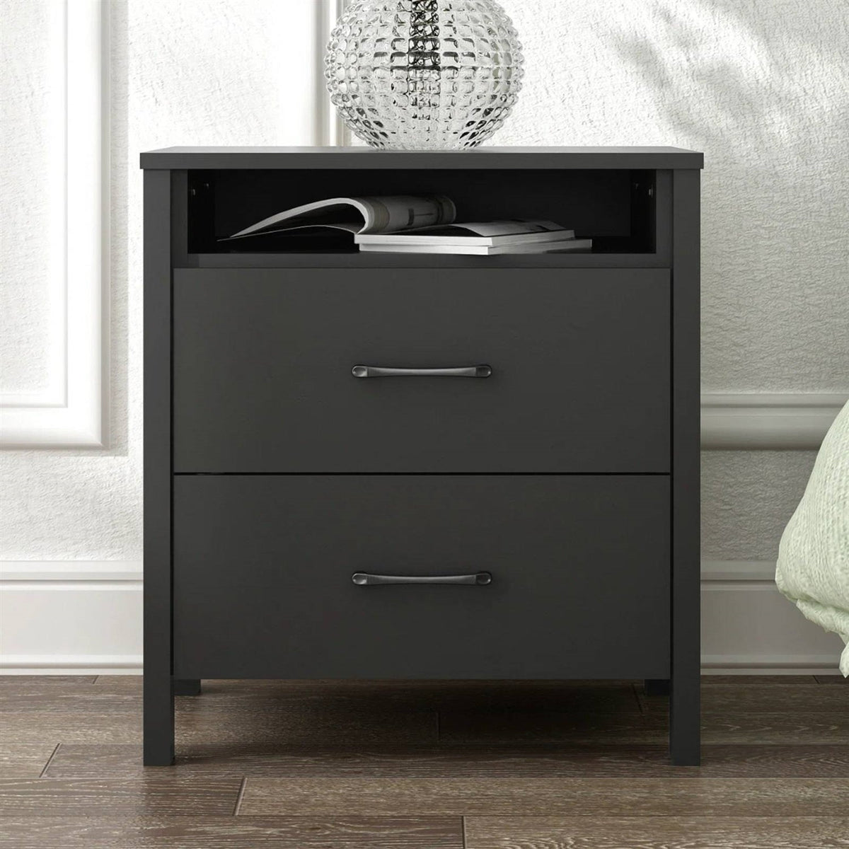 Modern 2-Drawer Nightstand Bedside Table in Black Wood Finish HomePacific