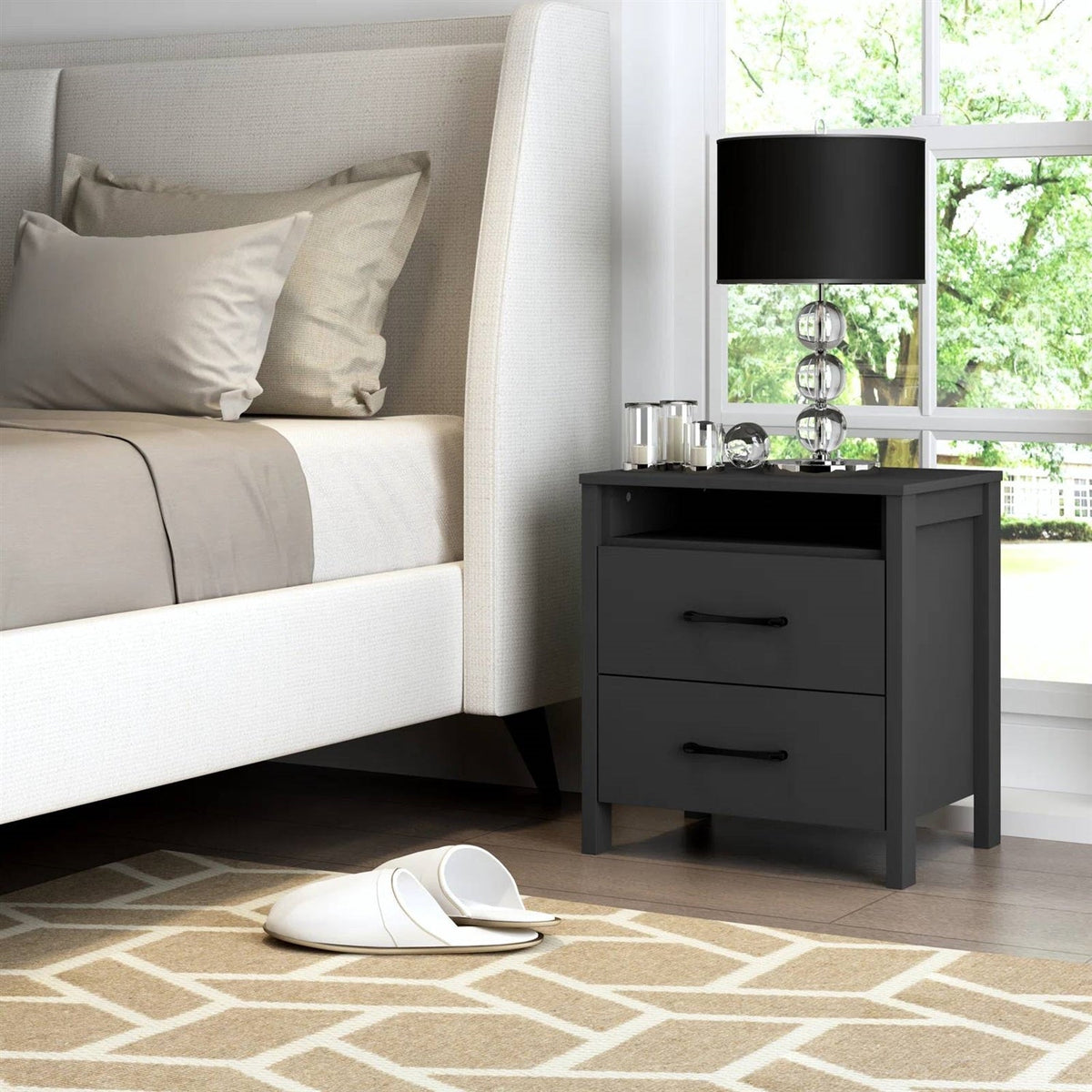 Modern 2-Drawer Nightstand Bedside Table in Black Wood Finish HomePacific