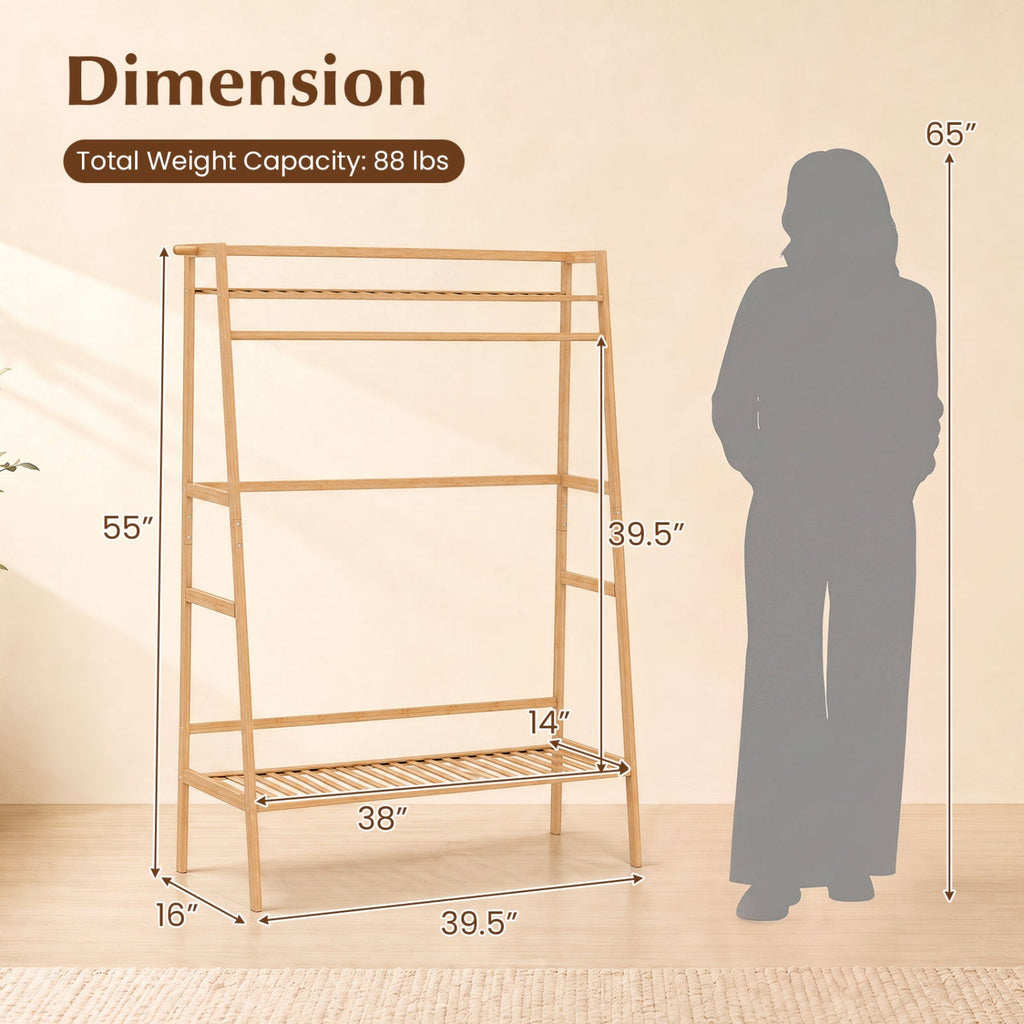 Bamboo Garment Rack with Shelves and Hanging Rod