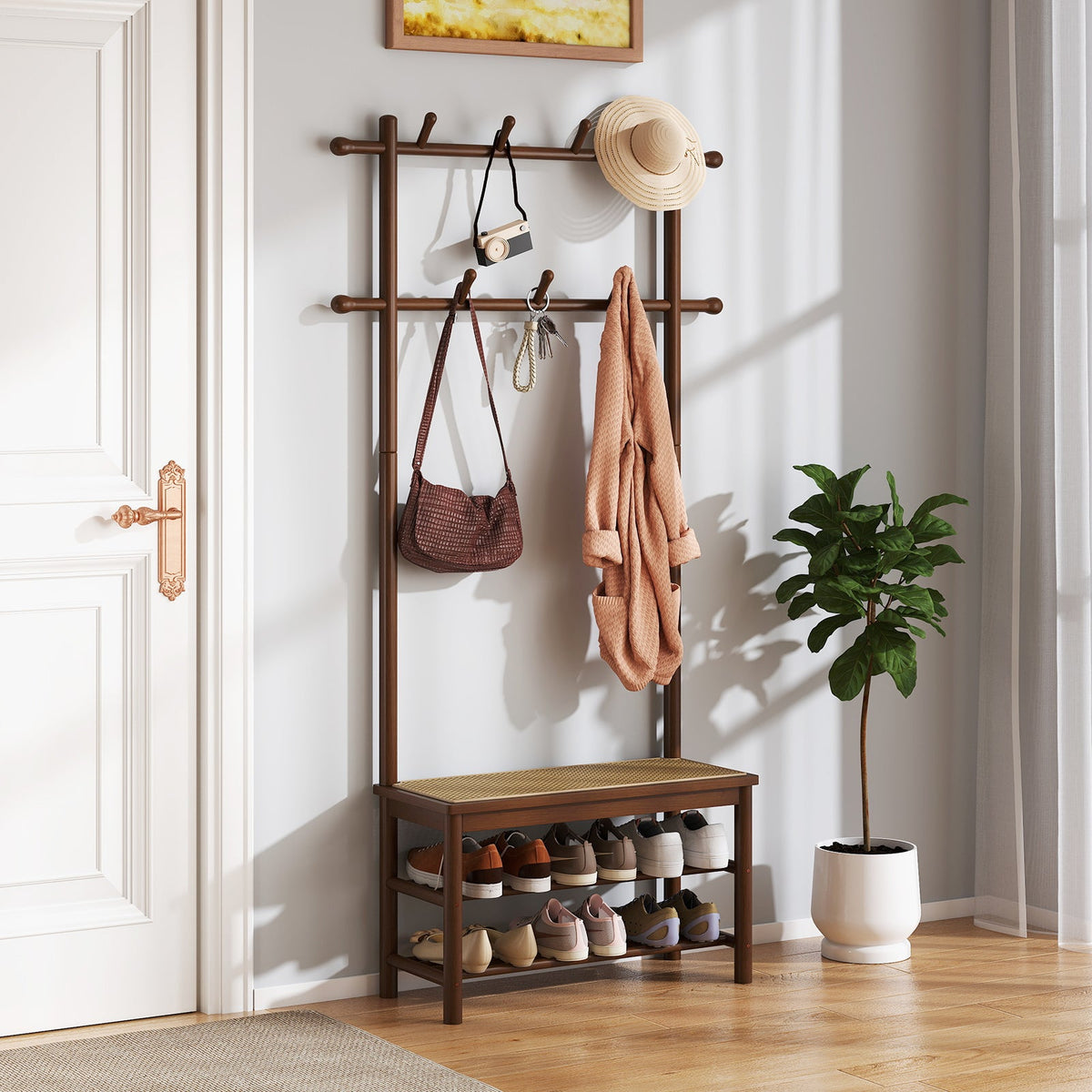 Bamboo Coat Rack PE Rattan Hall Tree with Bench and Shoe Storage 3-In-1 Entryway Bench DirectDeals