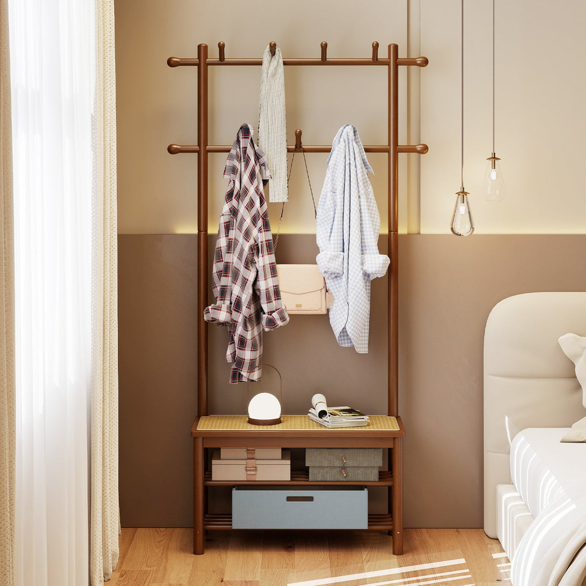 Bamboo Coat Rack PE Rattan Hall Tree with Bench and Shoe Storage 3-In-1 Entryway Bench DirectDeals