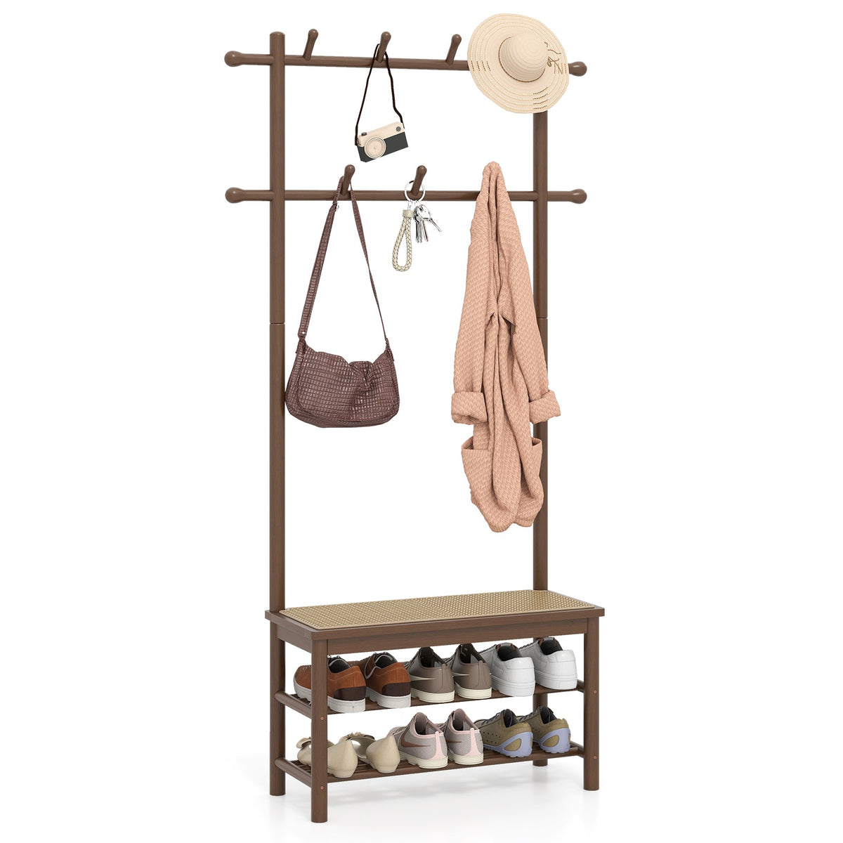 Bamboo Coat Rack PE Rattan Hall Tree with Bench and Shoe Storage 3-In-1 Entryway Bench DirectDeals
