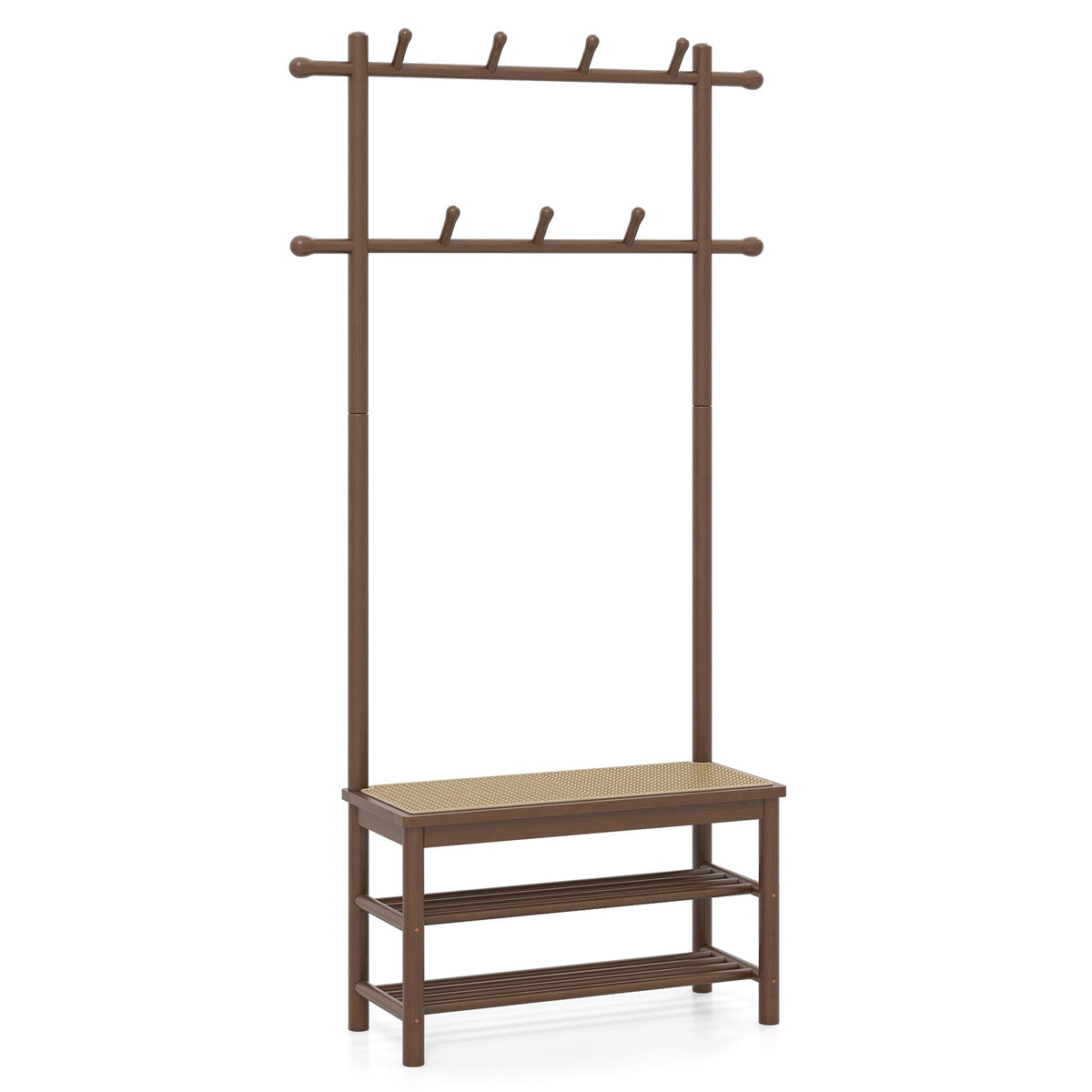 Bamboo Coat Rack PE Rattan Hall Tree with Bench and Shoe Storage 3-In-1 Entryway Bench DirectDeals