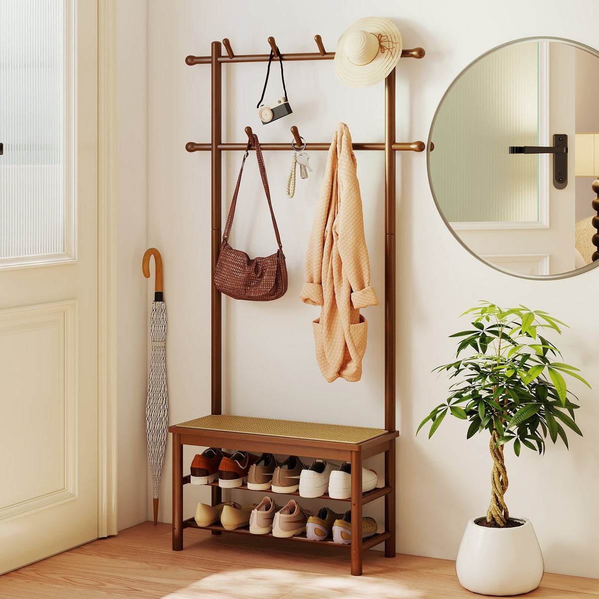 Bamboo Coat Rack PE Rattan Hall Tree with Bench and Shoe Storage 3-In-1 Entryway Bench DirectDeals