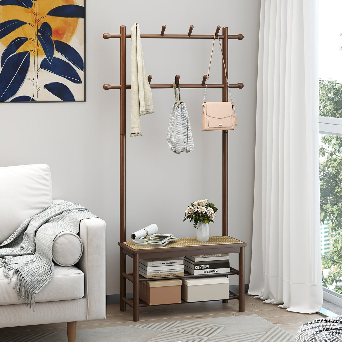 Bamboo Coat Rack PE Rattan Hall Tree with Bench and Shoe Storage 3-In-1 Entryway Bench DirectDeals