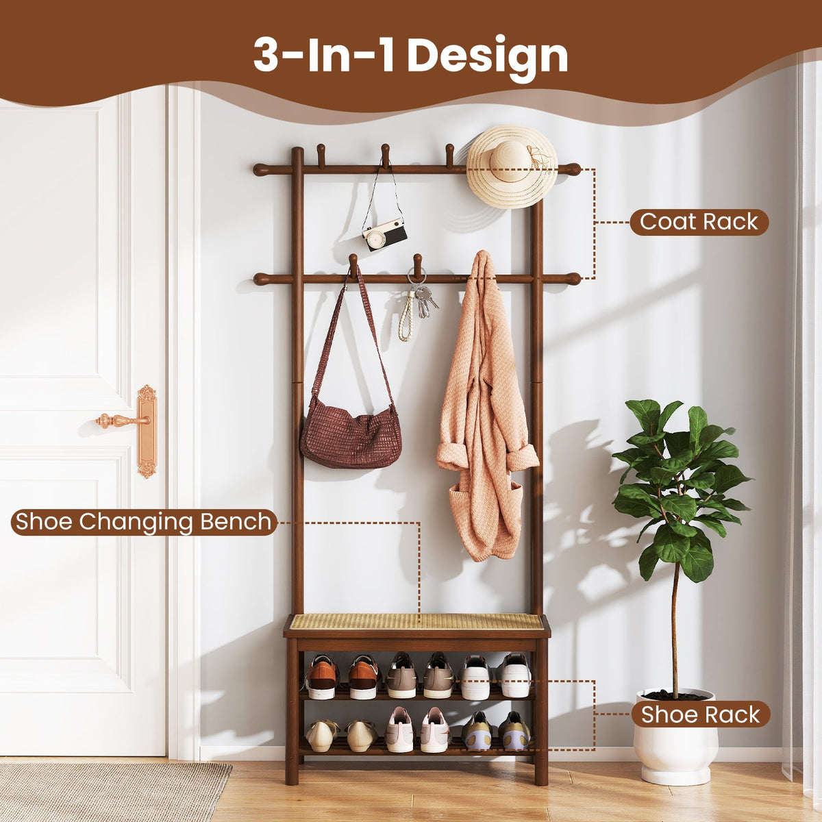 Bamboo Coat Rack PE Rattan Hall Tree with Bench and Shoe Storage 3-In-1 Entryway Bench DirectDeals