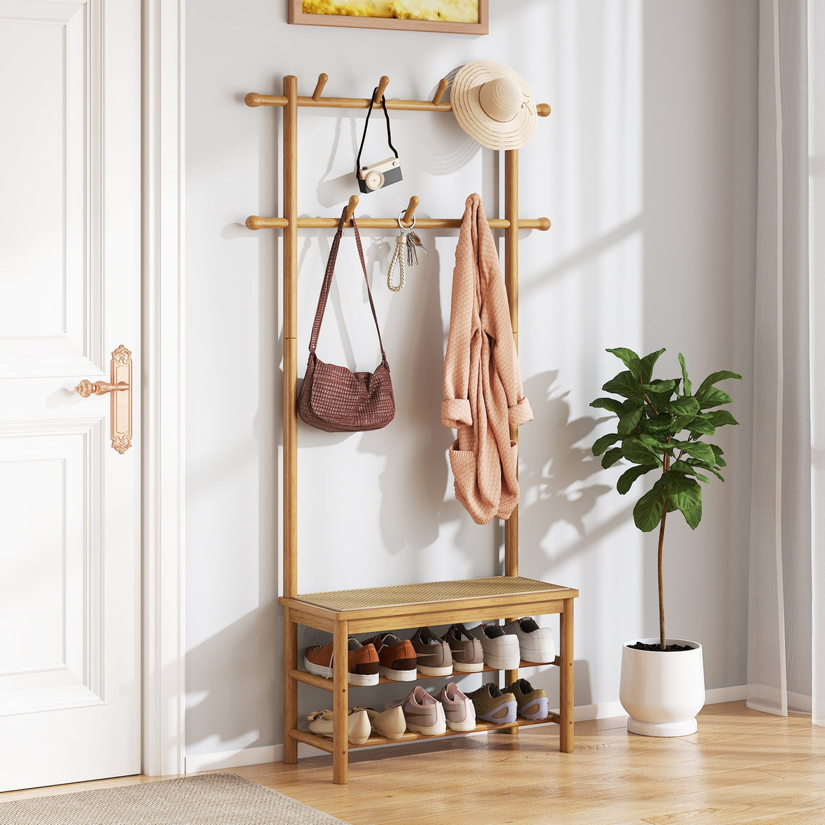 Bamboo Coat Rack PE Rattan Hall Tree with Bench and Shoe Storage 3-In-1 Entryway Bench DirectDeals