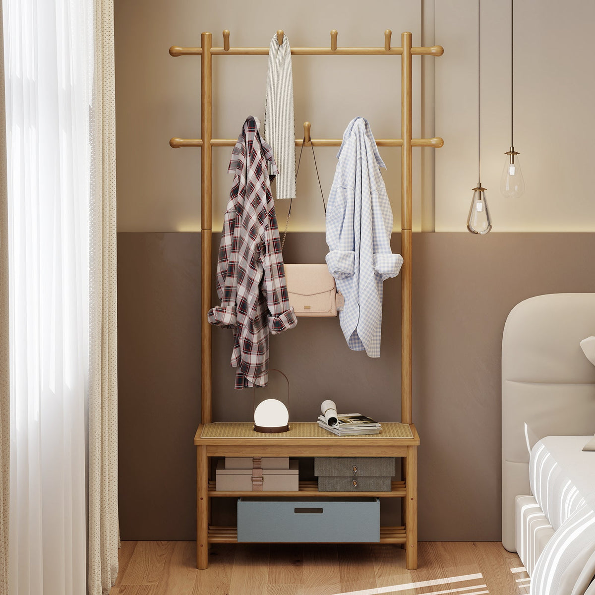 Bamboo Coat Rack PE Rattan Hall Tree with Bench and Shoe Storage 3-In-1 Entryway Bench DirectDeals