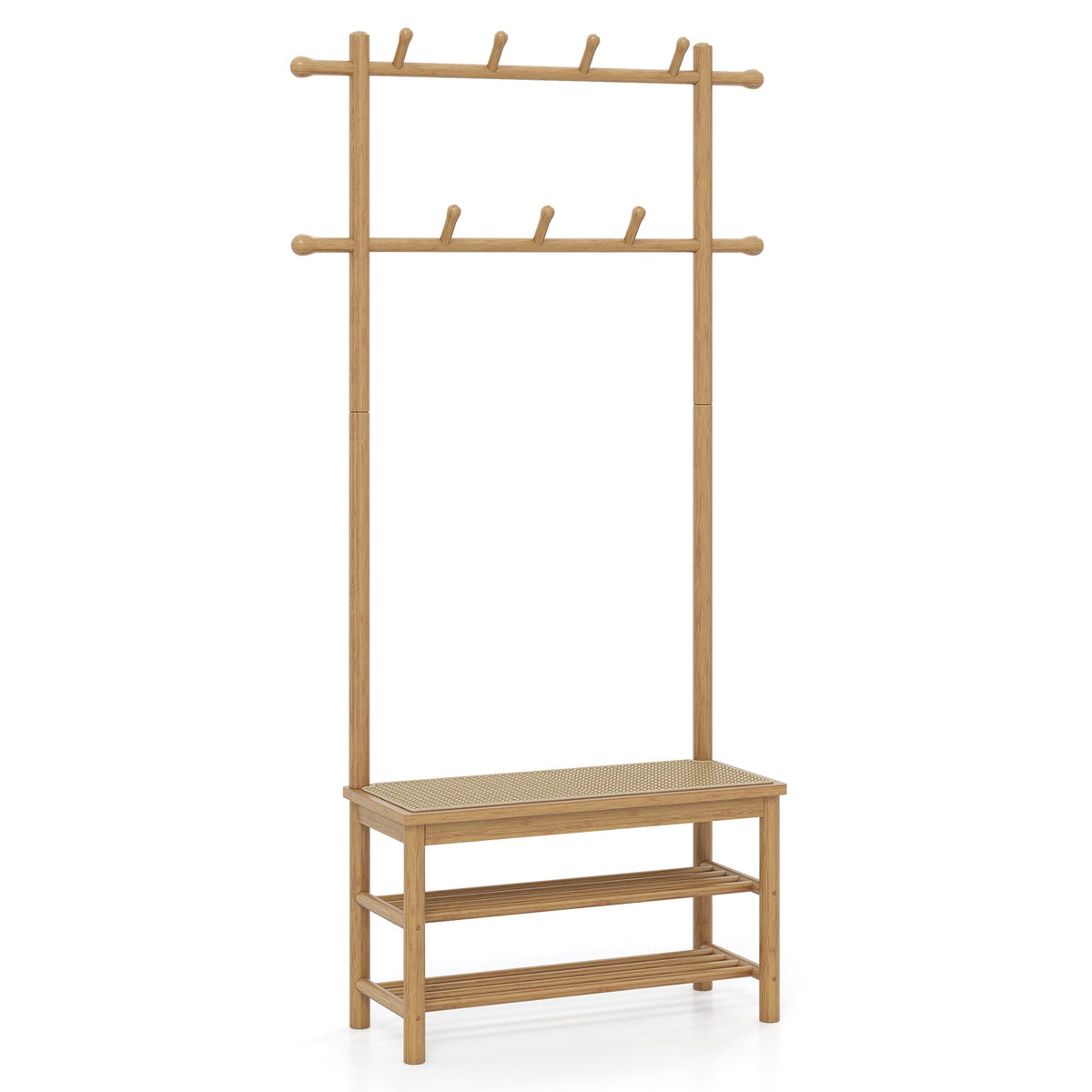 Bamboo Coat Rack PE Rattan Hall Tree with Bench and Shoe Storage 3-In-1 Entryway Bench DirectDeals