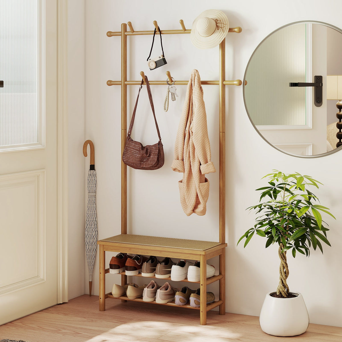 Bamboo Coat Rack PE Rattan Hall Tree with Bench and Shoe Storage 3-In-1 Entryway Bench DirectDeals