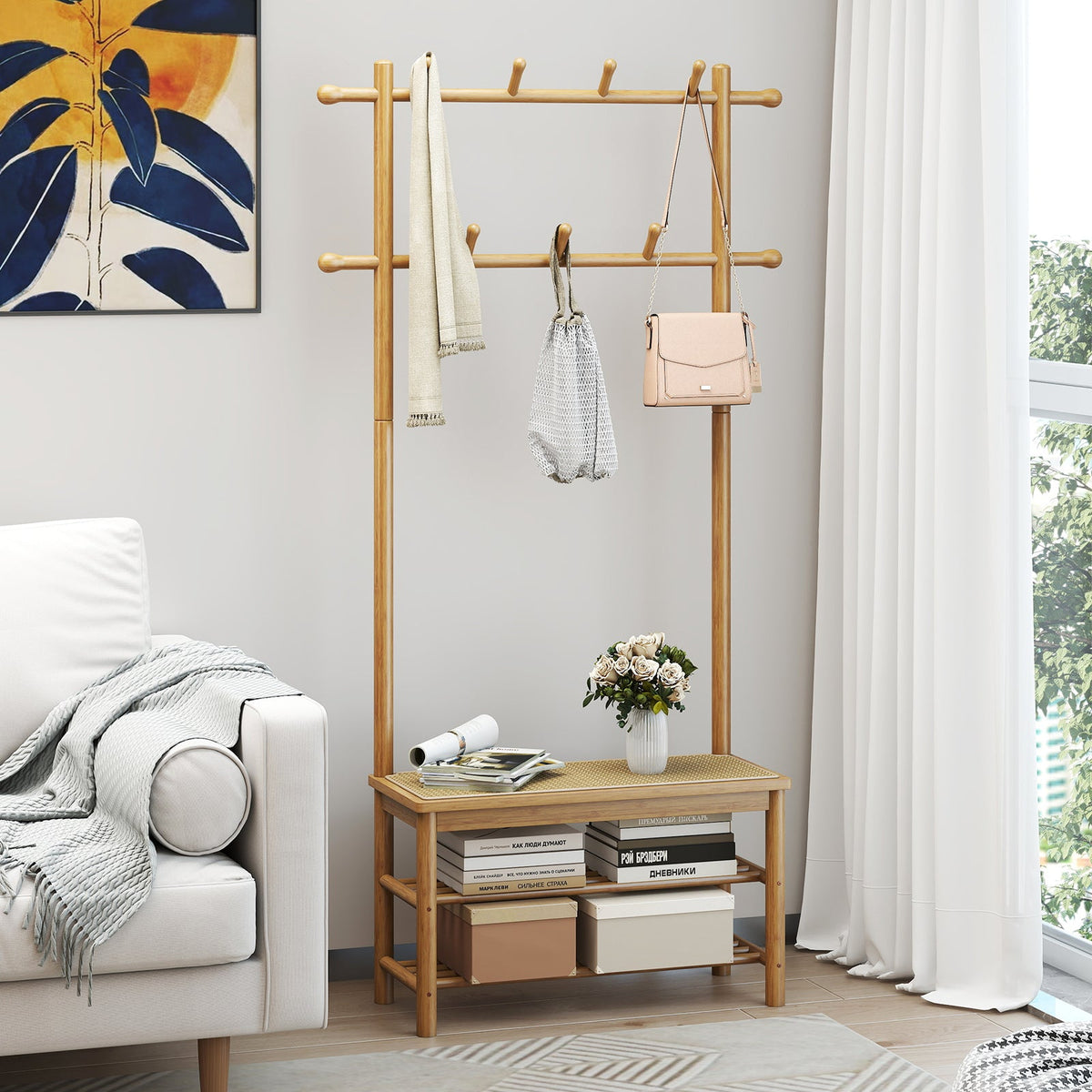 Bamboo Coat Rack PE Rattan Hall Tree with Bench and Shoe Storage 3-In-1 Entryway Bench DirectDeals