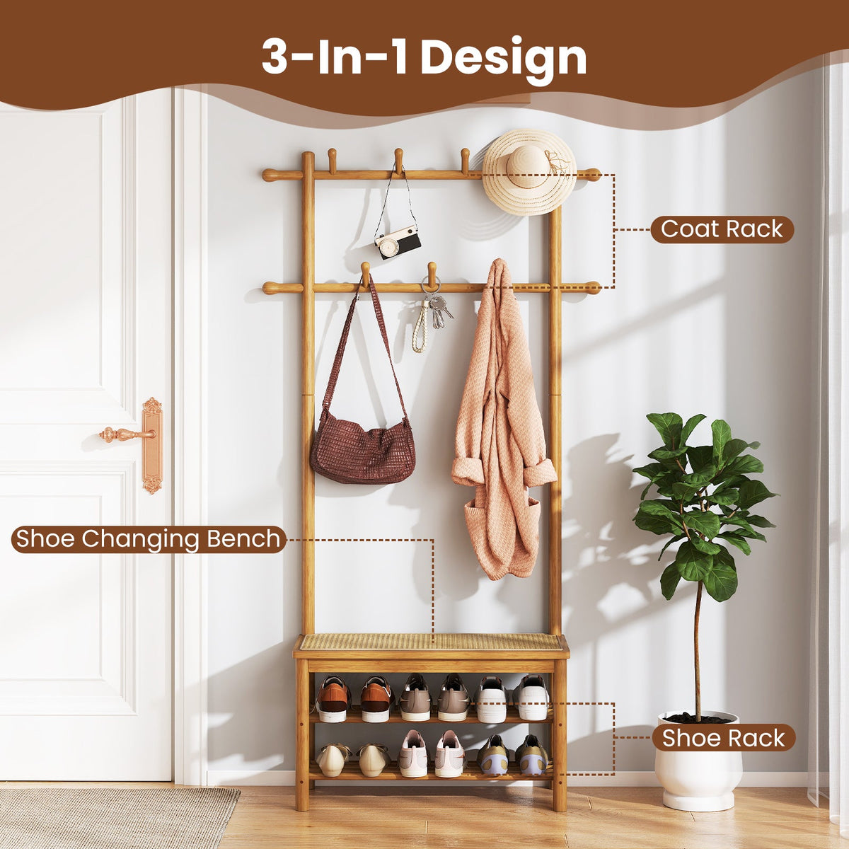 Bamboo Coat Rack PE Rattan Hall Tree with Bench and Shoe Storage 3-In-1 Entryway Bench DirectDeals