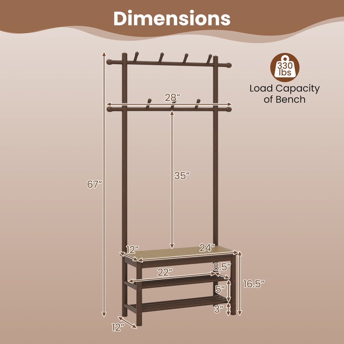 Bamboo Coat Rack PE Rattan Hall Tree with Bench and Shoe Storage 3-In-1 Entryway Bench DirectDeals