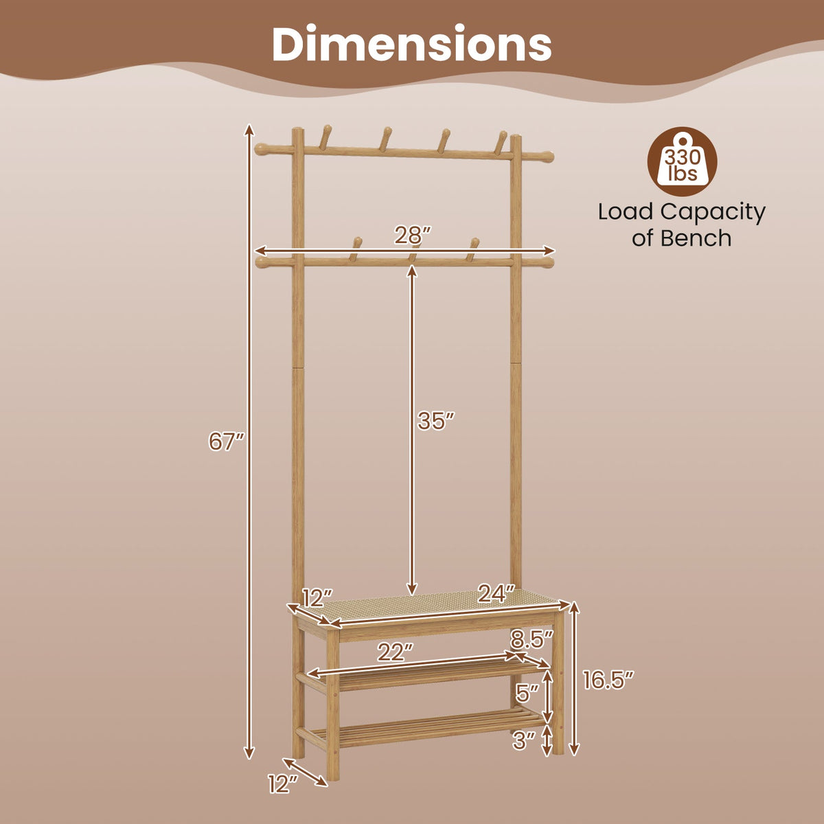 Bamboo Coat Rack PE Rattan Hall Tree with Bench and Shoe Storage 3-In-1 Entryway Bench DirectDeals