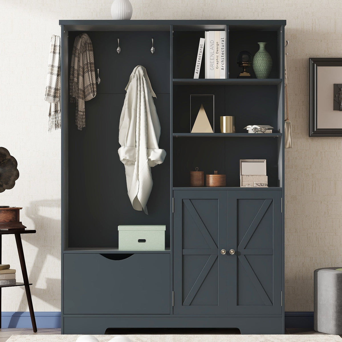 Multi-functional Hall Tree with Storage Shelves Drawers and Cabinet, Elegant Hallway Shoe Cabinet with Bench Antique Blue V.I.P Digital Presence