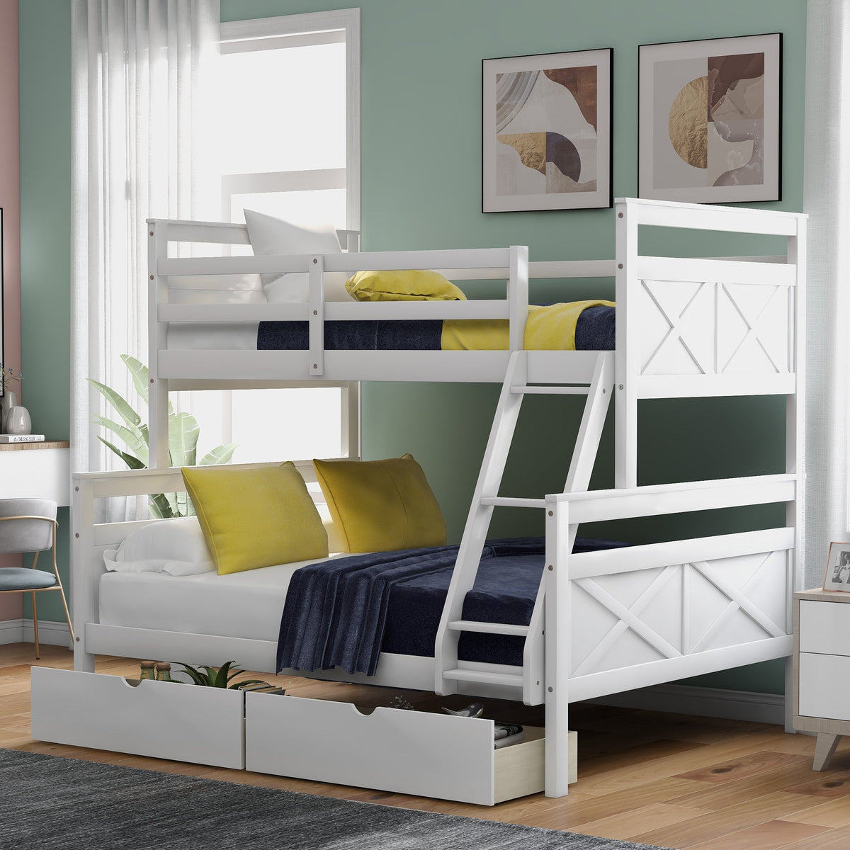 Twin over Full Bunk Bed with Ladder, Two Storage Drawers, Safety Guardrail  White V.I.P Digital Presence