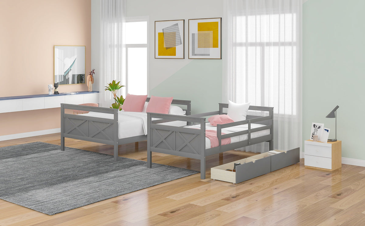 Twin over Full Bunk Bed with Ladder Two Storage Drawers  Safety Guardrail  Gray V.I.P Digital Presence