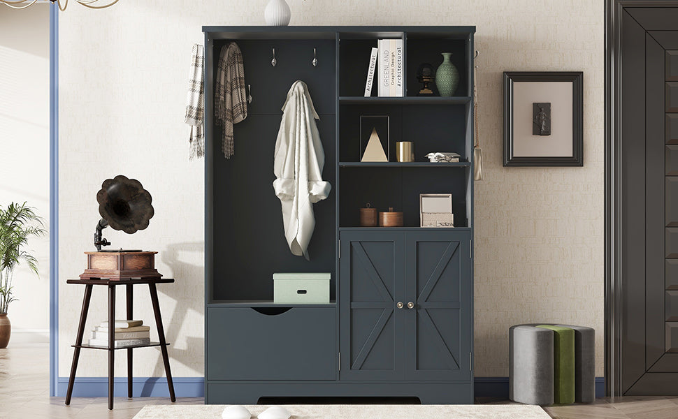Multi-functional Hall Tree with Storage Shelves Drawers and Cabinet, Elegant Hallway Shoe Cabinet with Bench Antique Blue V.I.P Digital Presence