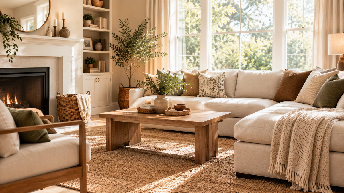 Warm, modern home interior with thoughtfully styled furniture and decor