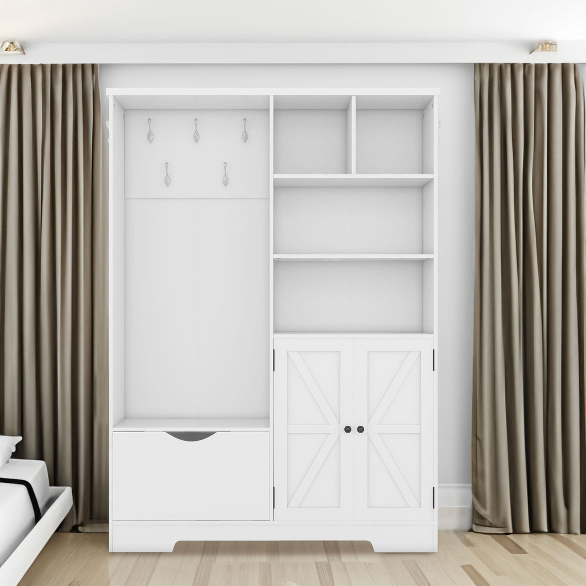 Multi-functional Hall Tree with Storage Shelves Drawers Cabinet Elegant Hallway Shoe Cabinet with Bench Modern Coat Rack White V.I.P Digital Presence