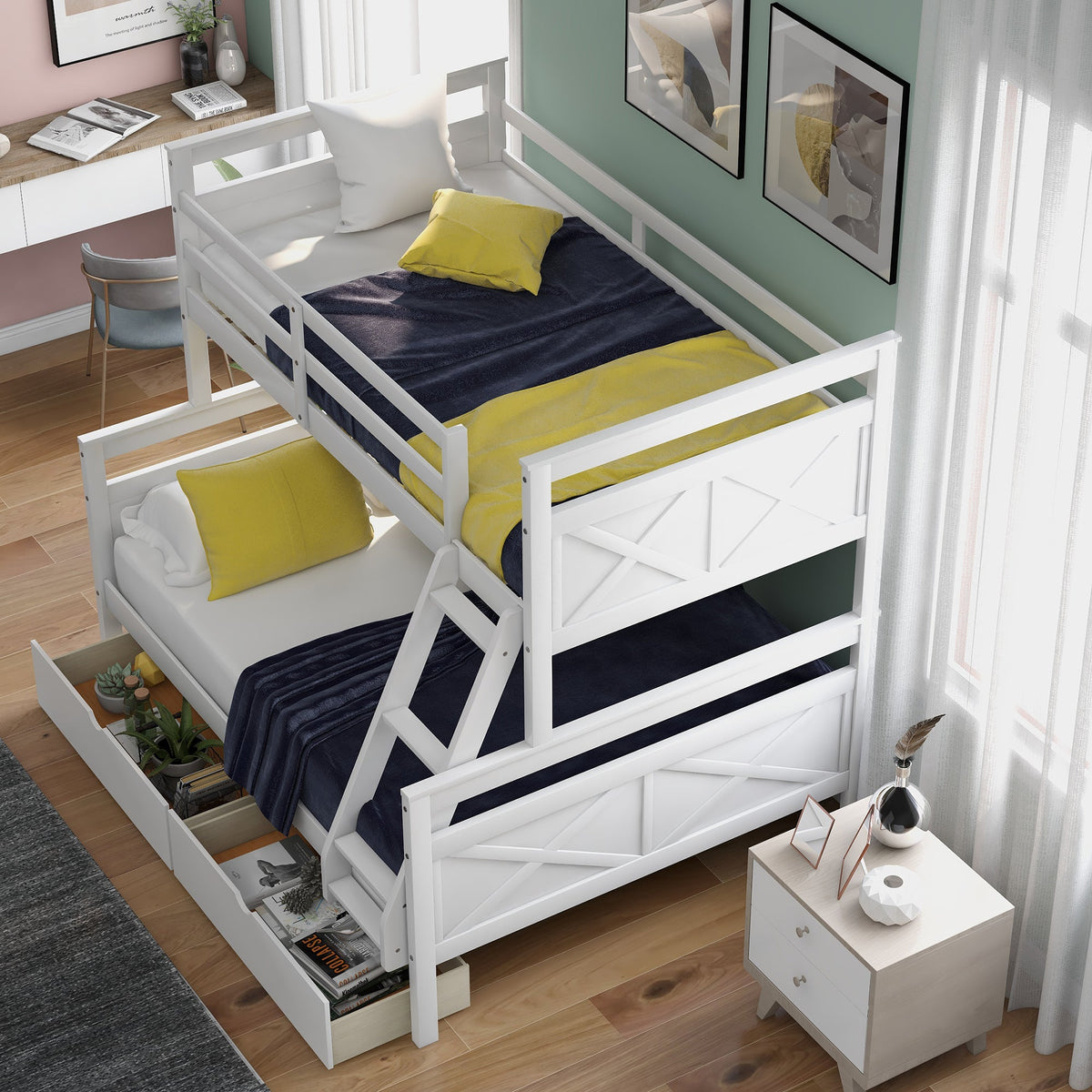 Twin over Full Bunk Bed with Ladder, Two Storage Drawers, Safety Guardrail  White V.I.P Digital Presence